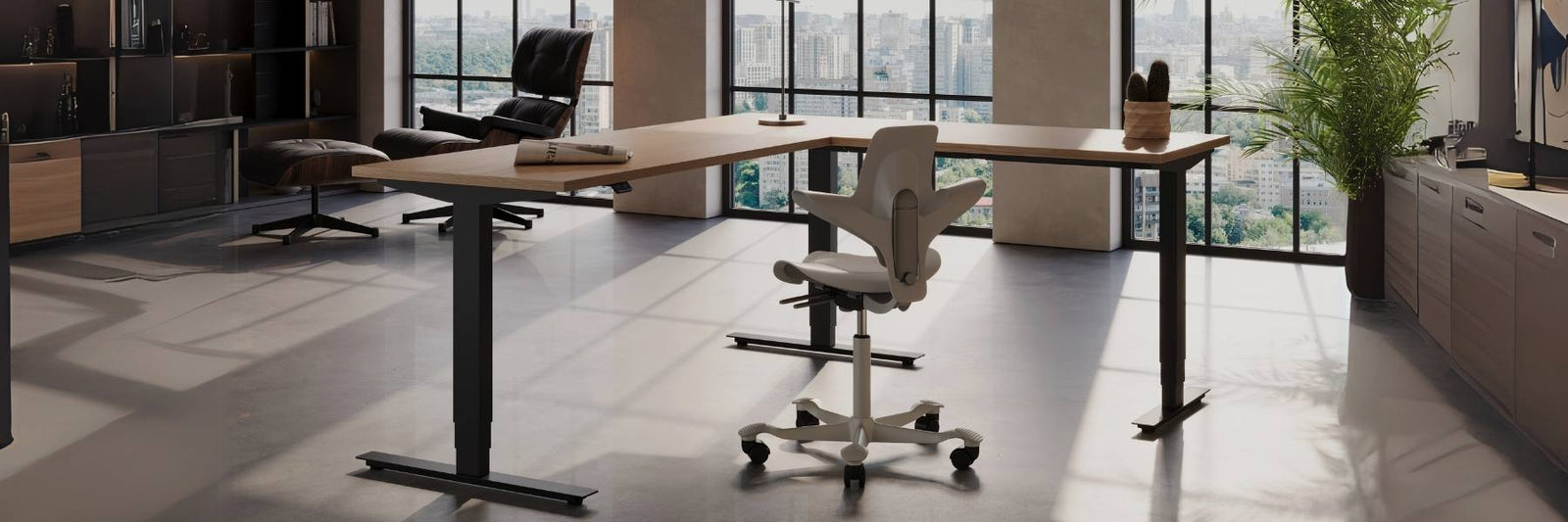 Kroma corner standing desk in situ viewed from the side