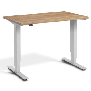 100 cm Height Adjustable Desk - Pacto Desk - Light Grey Frame - Brown Oak Top - Studio Image