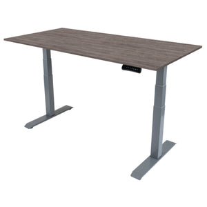 200cm height adjustable desk with grey oak top and silver frame