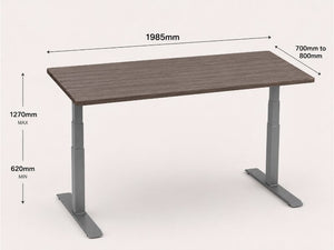 200cm sit stand desk dimensions with height and depth range shown