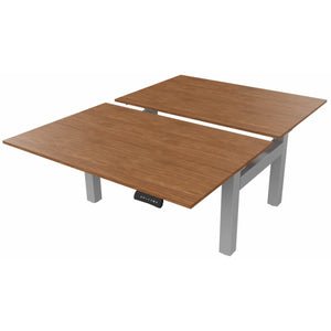 2 person standing desk with walnut desk tops and silver frame
