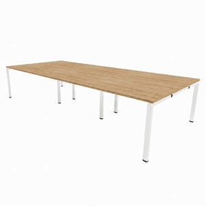 6-person bench desk with oak desktop and white frame, ideal for creating a six-person office benching setup