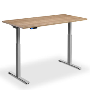90cm wide standing desk brown oak top silver frame front view