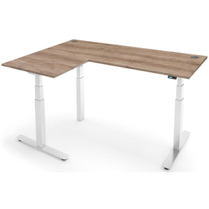 Adjustable Corner Desk - Rize-Corner - White Frame - Grey Nebraska Oak Top - Studio Image
