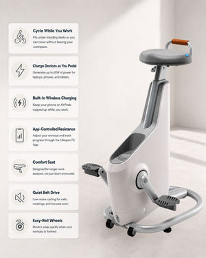 Ampera desk cycle with features for cycling, charging devices, and working quietly