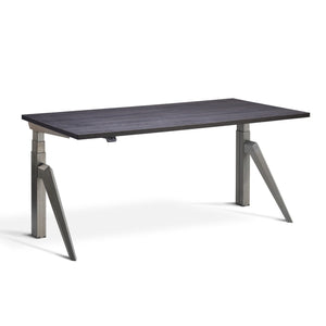 Designer standing desk with Raw Steel Frame and Anthracite Sherman Oak desk top front view