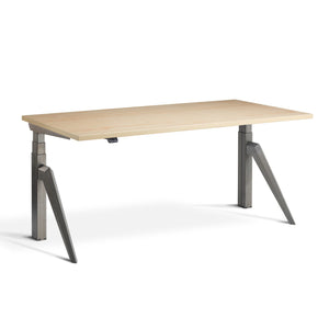 Designer sit stand desk with Raw Steel Frame and Maple Top, view from front