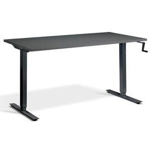 Crank height adjustable standing desk with a graphite desk top, black frame and hand crank