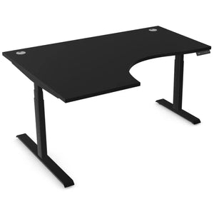 Curved height adjustable desk with 1600mm x 1200mm black desk top, black frame and left-hand return