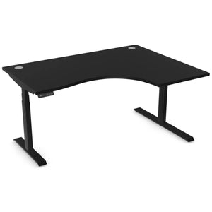 Curved height adjustable desk with 1600mm x 1200mm black desk top, black frame and right-hand return