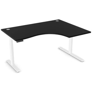 Curved height adjustable desk with 1600mm x 1200mm black desk top, white frame and right-hand return