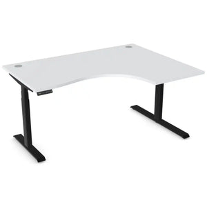 Curved height adjustable desk with 1600mm x 1200mm grey desk top, black frame and right-hand return