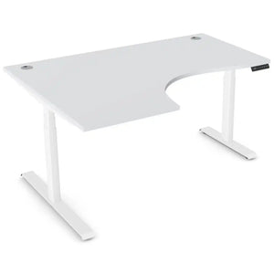 Curved height adjustable desk with 1600mm x 1200mm grey desk top, white frame and left-hand return