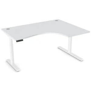 Curved height adjustable desk with 1600mm x 1200mm grey desk top, white frame and right-hand return