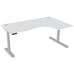 Curved height adjustable desk with 1800mm x 1200mm grey desk top, silver frame and right-hand return