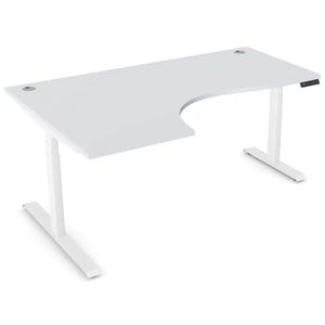 Curved height adjustable desk with 1800mm x 1200mm grey desk top, white frame and left-hand return