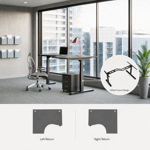 Curved height adjustable desk with offset frame design and left-hand or right-hand return desk top options