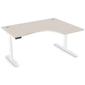 Curved sit stand desk with 1600mm x 1200mm cashmere desk top, white frame and right-hand return