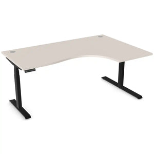Curved sit stand desk with 1800mm x 1200mm cashmere desk top, black frame and right-hand return