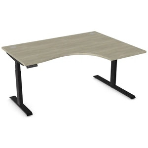 Curved standing desk with 1600mm x 1200mm arctic oak desk top, black frame and right-hand return