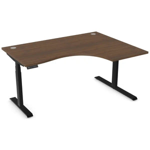 Curved standing desk with 1600mm x 1200mm walnut desk top, black frame and right-hand return