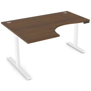 Curved standing desk with 1600mm x 1200mm walnut desk top, white frame and left-hand return