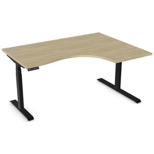 Curving standing desk with 1600mm x 1200mm urban oak desk top, black frame and right-hand return