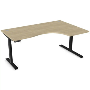 Curving standing desk with 1800mm x 1200mm urban oak desk top, black frame and right-hand return