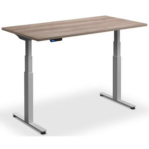 Custom Size Sit Stand Desk - Rize-Fit - Silver Frame - Grey Nebraska Oak Top - Studio Image