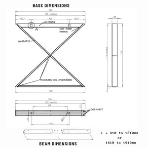 Desk Frame Telescopic - Base and Beam Dimensions