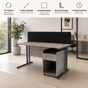 Desk top privacy screen fitted to a grey desk with feature highlights and under-desk pedestal storage