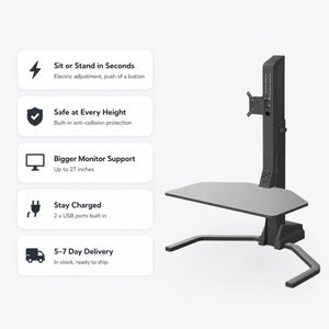 Electric adjustable desk riser with monitor mount, USB charging, anti-collision protection, and 5–7 day delivery