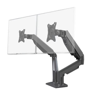 Gas spring dual monitor arm in black supporting two screens with independently adjustable arms