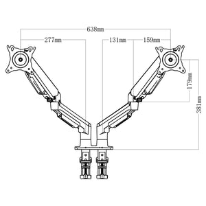 Gas spring dual monitor arm technical drawing showing width, height and arm dimensions