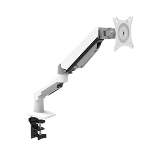 Gas spring single monitor arm in white shown with desk clamp mounting hardware