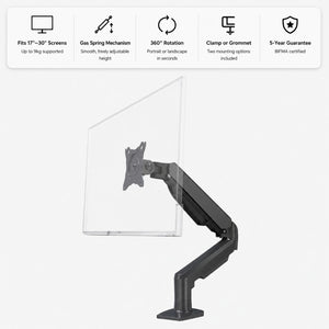 Gas spring single monitor arm showing screen size support, 360 degree rotation, mounting options and guarantee features
