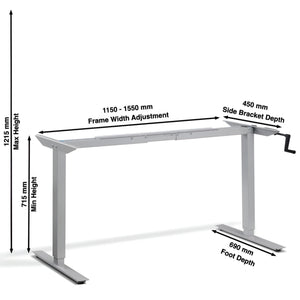 Hand Crank Standing Desk Frame - Helix Desk - Dimensions