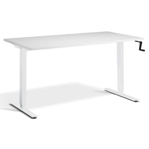 Hand crank desk with a grey desk top, white frame and side-mounted adjustment handle