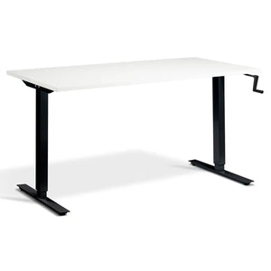 Hand crank desk with a white desk top, black frame and side-mounted manual height adjustment handle