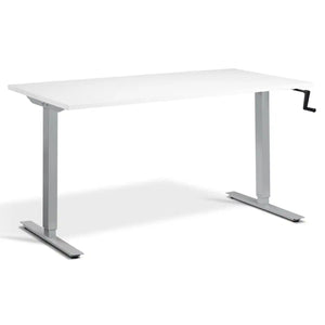 Hand crank desk with a white desk top, silver frame and side-mounted manual height adjustment handle