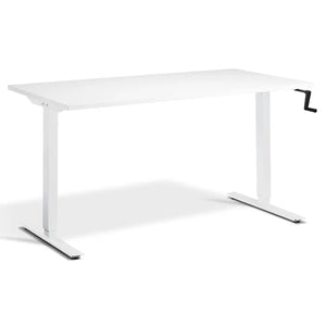 Hand crank desk with a white desk top, white frame and side-mounted manual height adjustment handle