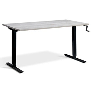 Hand crank sit stand desk with a Cascina pine desk top, black frame and manual adjustment handle