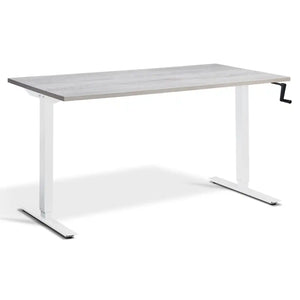 Hand crank sit stand desk with a Cascina pine desk top, white frame and manual adjustment handle