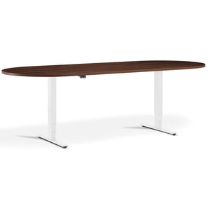 Height Adjustable Office Meeting Room Table - Altura Core D End - White Frame - Natural Dijon Walnut Top - Studio Image