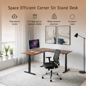 Height adjustable corner desk with features shown