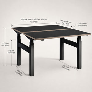 Lavoro Duo standing desk dimensions diagram with black frame and black desk tops