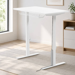 Leap magnetic cable protector fitted to a white standing desk with under desk cable basket