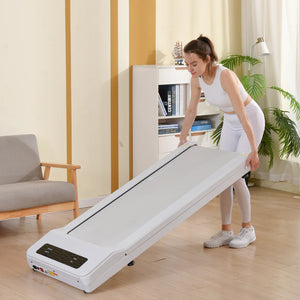 Lifespan Under Desk Walking Pad - The woman is lifting her treadmill - White Colour Variant