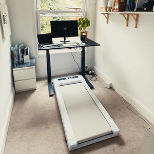 Lifespan Walking Pad - Showing the Treadmill under the Desk - Small room work setup