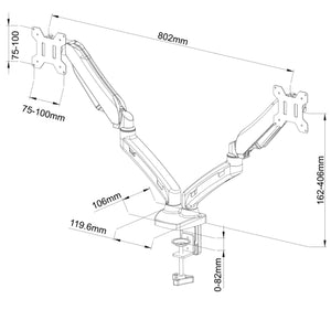 Luxora Dual Monitor Arm - Dimensions Diagram